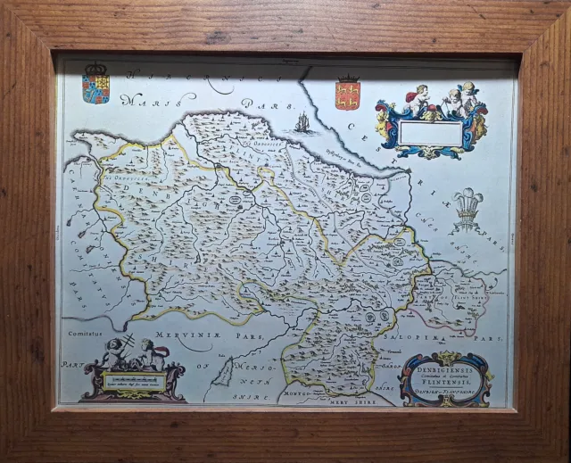 Repro Antique Framed 11"x8.5" Map of Denbighshire and Flintshire, Wales c.1645