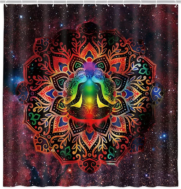 Yoga Space Shower Curtain, Bohemian Style Mandala Psychedelic Celestial Galaxy S