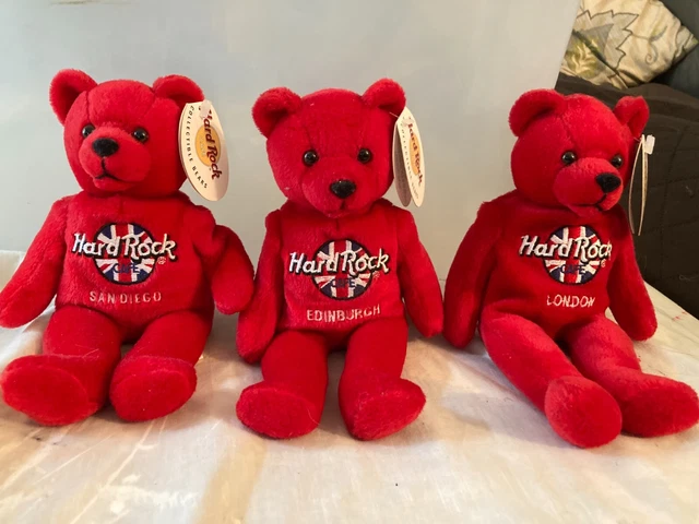 3 Hard Rock Cafe collectible bears red beanie San Diego London Edinburgh