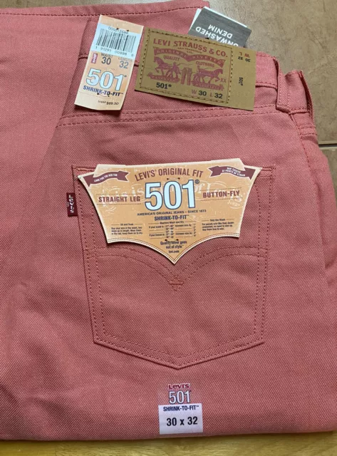 NEW Premium Levis 501 Jeans Original Shrink to Fit Raw Denim Pink Sz 30 x 32 NWT