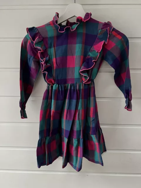 ANSTEE Vintage 80s Girls Pink Purple Green Plaid Ruffled Long Sleeve Dress - 5