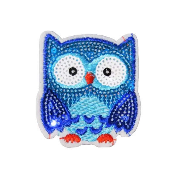 Blue Sequinned Cute Owl Iron On Decoration Sew Patch Motif Kids Badge Motif P090