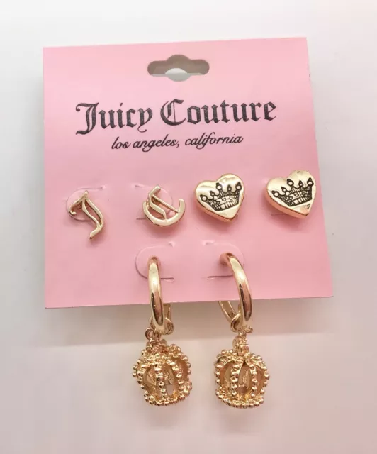 New Juicy Couture Crown Heart Logo Set of Three Stud Hoop Gold tone Earrings