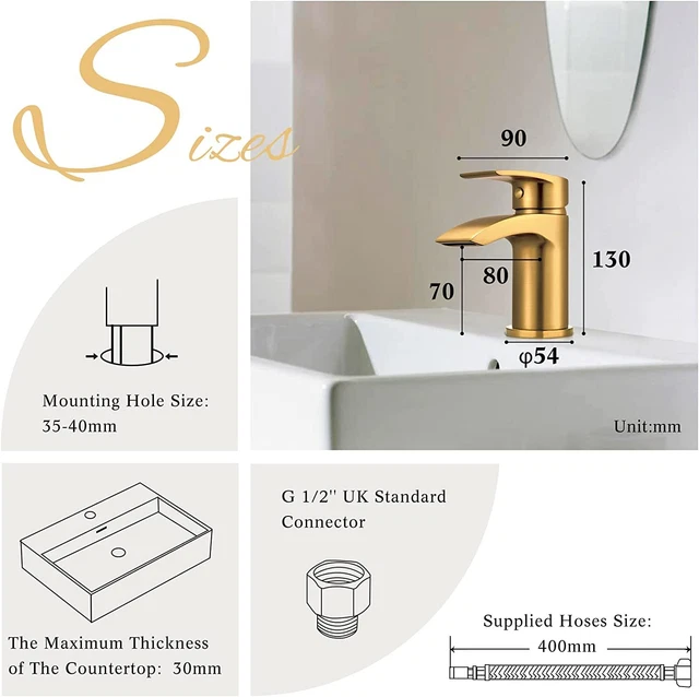 Hapilife Brushed Gold Basin Tap with Pop up Waste Hose & Fittings 6