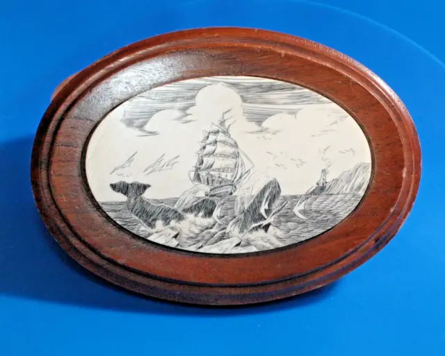 Replica Scrimshaw Ship Whale Wood Box With Lid