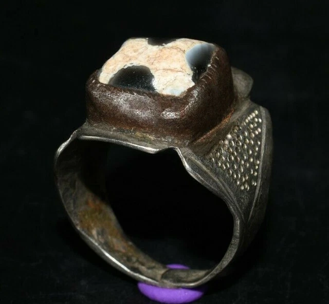 Ancient Tibetan Himalayan Etched Agate Dzi Chungzi Solid Silver Ring