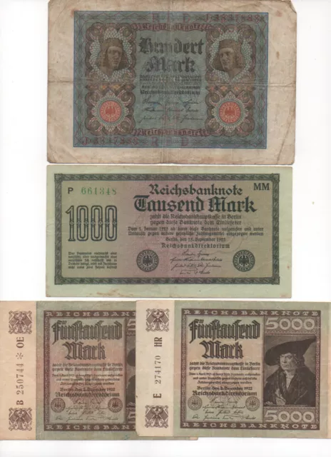 Konvolut Reichsbanknoten 100 M (1920), 1000 M (1922) & 2x 5000 M (1922)