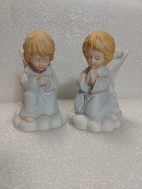 Vintage Blue White 4.5" Kneeling Child Praying Angel Figurines Candle Holder