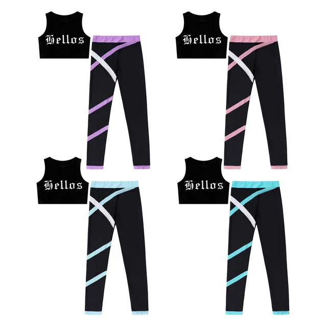 Kids Girls Crop Top Letters Set Colorblock Outfit Training Sportwear Tracksuit