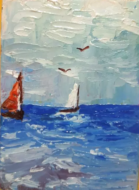 Oil painting 2.5x3.5"ACEO.Sailboat in the sea.Waves.Modern stylish mini art.