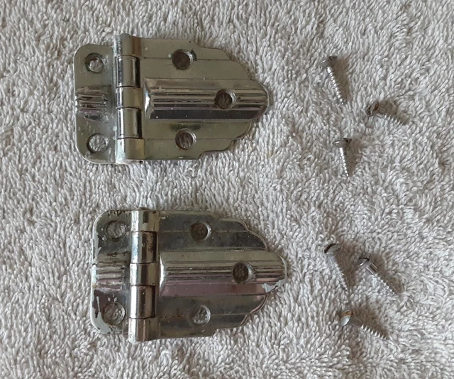 Vintage CHROME Cabinet Hinges w Screws.  Plain Lines for Flush Doors.