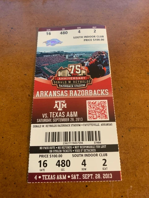 2013 Arkansas Razorbacks v Texas A&M Full Football Ticket Mike Evans 2 TDs