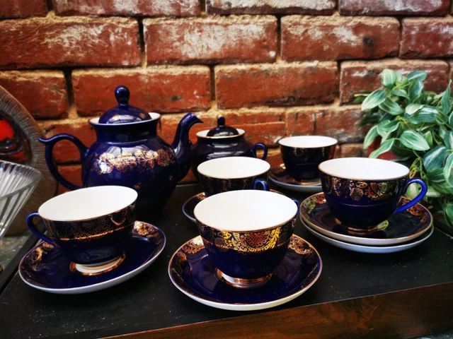 "Lomonossow Kaiserlich Dunkelblau & Gold Russisches Teeset, 13 Stück, ""Goldene Spitze"