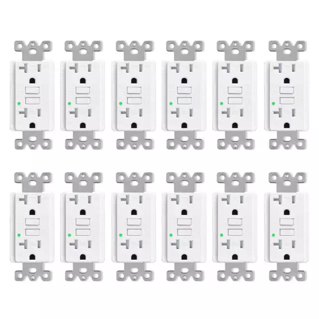 GFCI GFI Outlet 20 Amp Electrical Receptacles Weather Resistant w/LED Plate 12PK