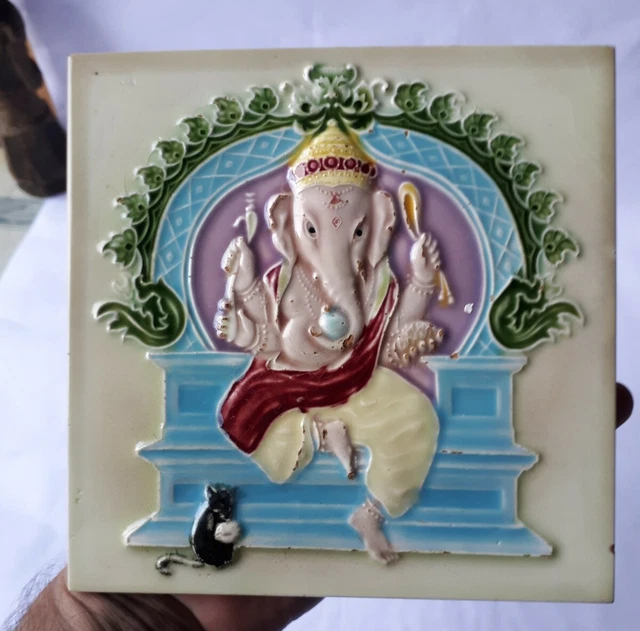 Vintage Ceramic Ganesh Tile Porcelaine Vintage Art Japan Dollar Trade Mark Saji