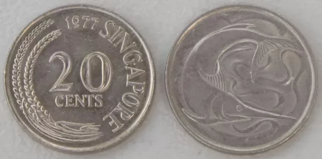 Singapur / Singapore 20 Cents Kursmünze 1977 Schwertfisch p4 unz.