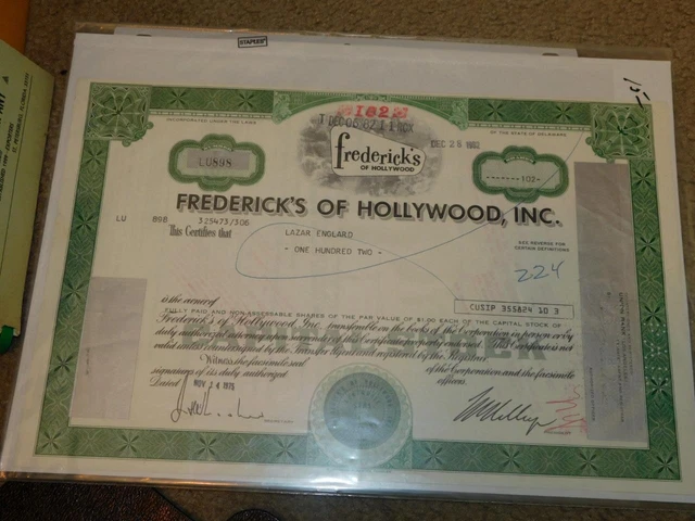 Frederick`s Of Hollywood, 1982, Stock Certificate