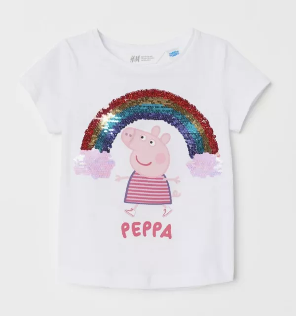 H&M White Peppa Pig Flip Sequin Rainbow Short Sleeve Girls T Shirt Top Size 8-10