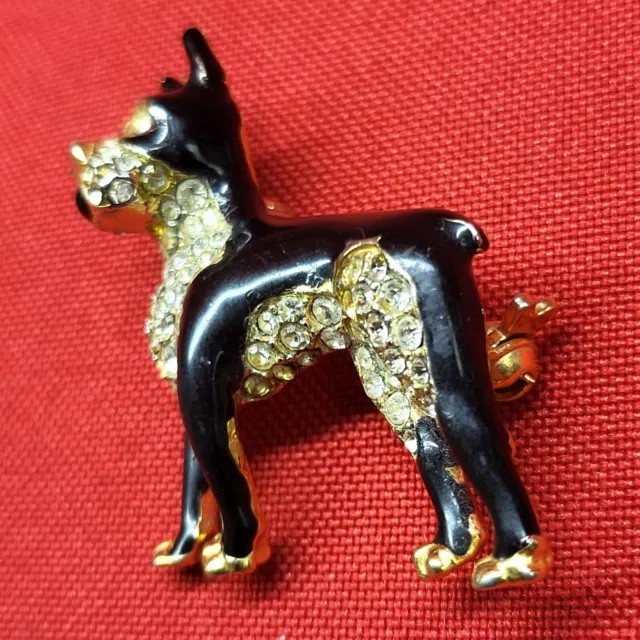 VTG Black Enamel Clear Rhinestone Boxer Dog Brooch Pin 3