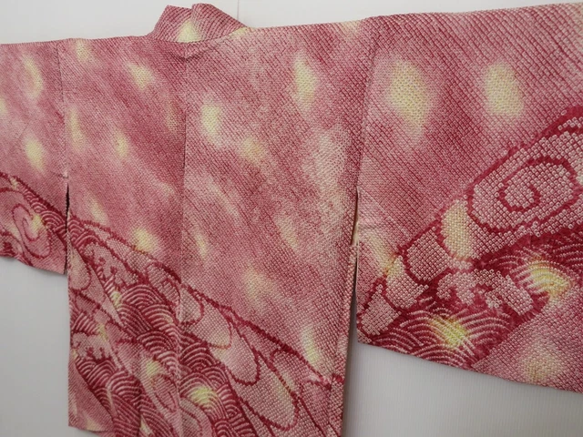0916T07z500 Vintage Japanese Kimono Silk SHIBORI HAORI Red-Purple Wave 2