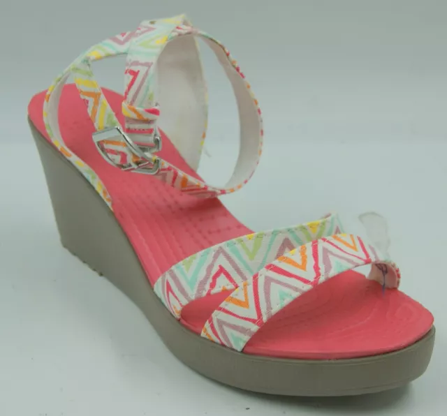 Crocs Leigh Women's Sandals Sz 9 Multi Chevron Cross Strap Ankle Wedge Sandals