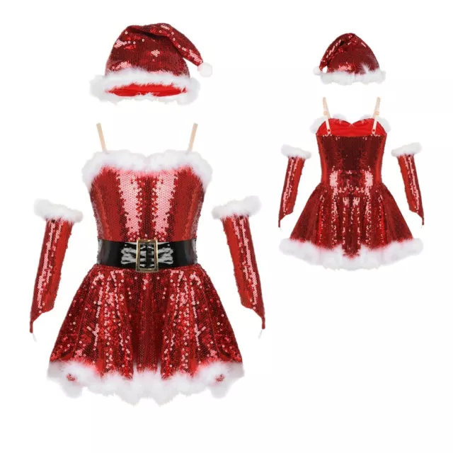 Kids Girls Christmas Ballet Dress Elf Santa Dancing Skating Costume+Xmas Hat Set