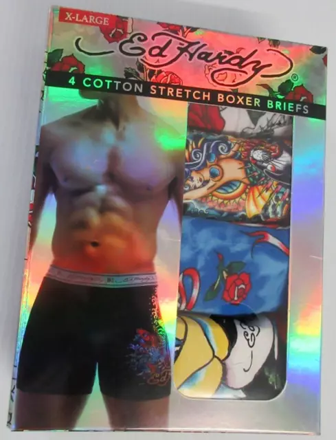 Ed Hardy Men's 4 Pair Pack No Ride Up Cotton Stretch Boxer Briefs Size XL(40-42)