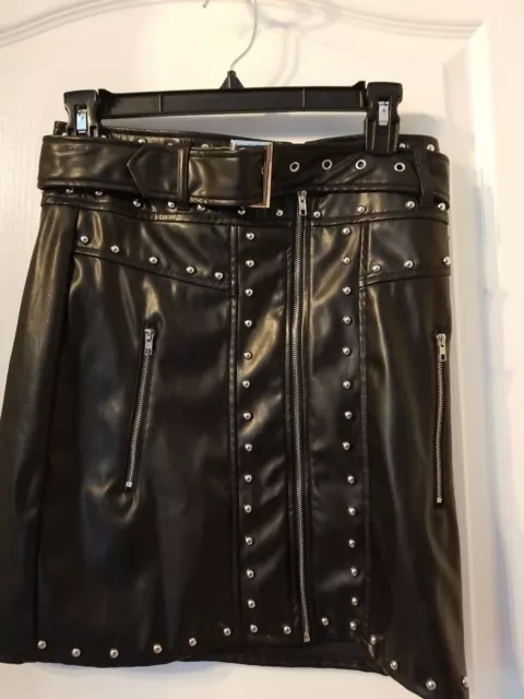 Studded Belted Zip Mini Black Moto Faux Leather Skirt Size 8