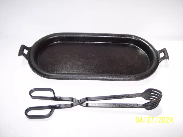 Cast Iron Long Griddle Pre-1890s, 6.5" W x 15" L Cooking Area, Seasoned & Tongs