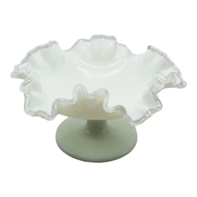 Vintage Fenton Silver Crest Milk Glass Ruffled Pedestal Compote Candy Dish Bowl