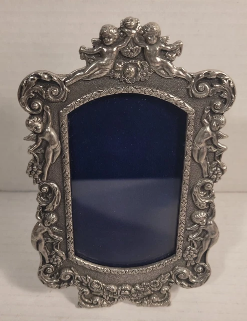 Vtg Heritage Metalworks Fine Pewter Picture Frame Easelback Ornate Angels 1991