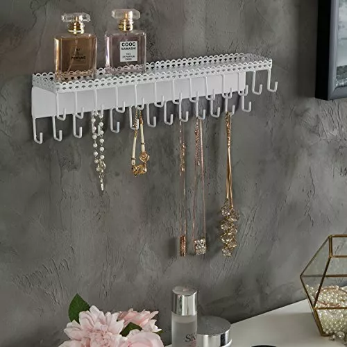 White Metal Wall Mounted Jewelry Hanging Organizer Shelf w/ 26 Necklace Hooks