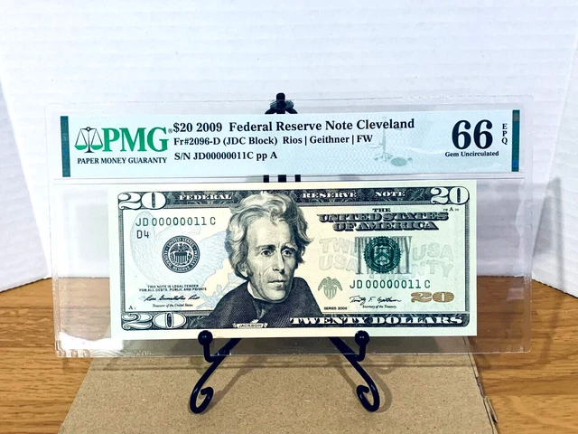 2009 $20 Federal Reserve Note PMG 66PPQ Low 2 Digit Serial #JD00000011C