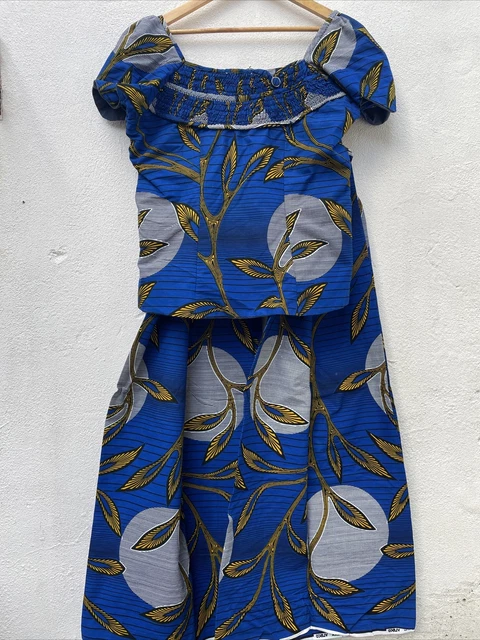 Ankara African Set 3 pz top wraps donna grande 42"" blu giallo vlisco cera olandese