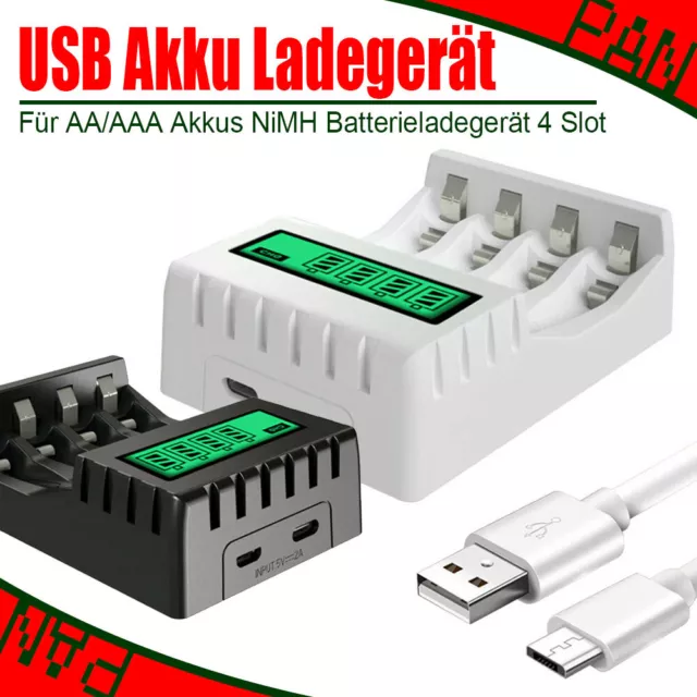 Neu 4 Slots LCD Akku Ladegerät USB Kable für AAA AA Lithium Nimh Batterie DE