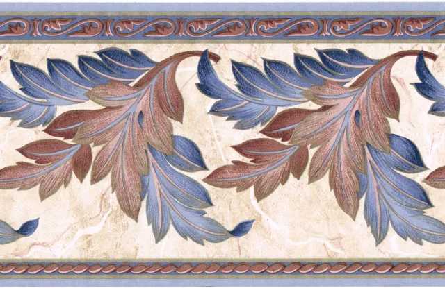 Victorian Blue Burgundy Gold Acanthus Leaf Scroll Marble Beige Wall paper Border