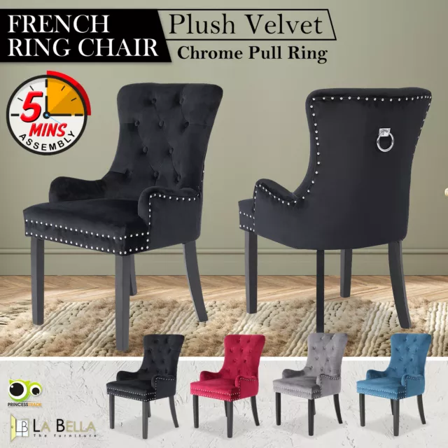 Dining Chair French Provincial Ring Studded Velvet Rubberwood LISSE