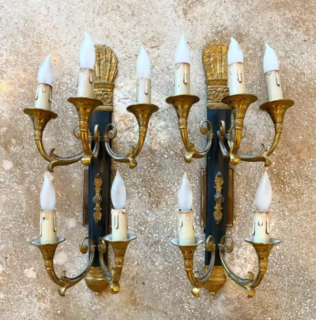 Pair of French Antique Empire-style Bronze Five-light Sconces, 19th Century