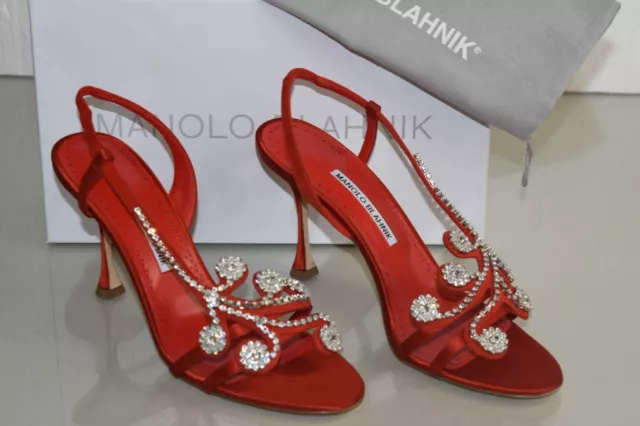 $1395 New MANOLO BLAHNIK Fernusan 90 Jeweled Red Satin SANDALS Heels SHOES 40.5