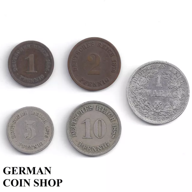 Set kleiner Adler 1, 2, 5, 10 Pfennig und 1 Mark 1873 - 1889 - Kaiserreich