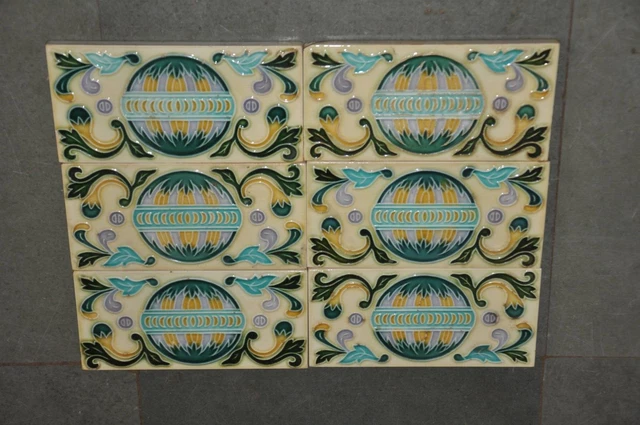 6 Pc Vintage Colorful Flower & Ball Embossed Ceramic Tiles,Japan