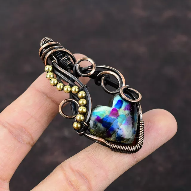 Gift For Her Multi Fire Labradorite Wire Wrapped Pendant Copper Jewelry 2.76"