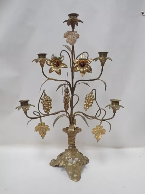 Ancien bougeoir /chandelier /candélabre d'église en bronze raisins épis /  53 cm