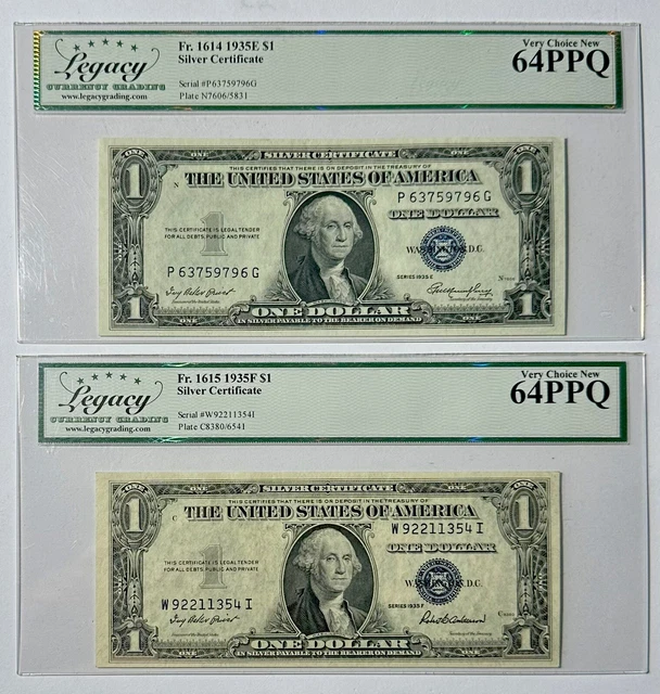 (TWO) UNITED STATES 1935 E & F $1 Silver Certs. FR#: 1614 & 1615. Legacy: 64 PPQ
