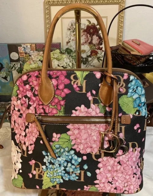 Dooney Bourke Black Pink Brown Hydrangeas Floral Garden Flowers Satchel Handbag