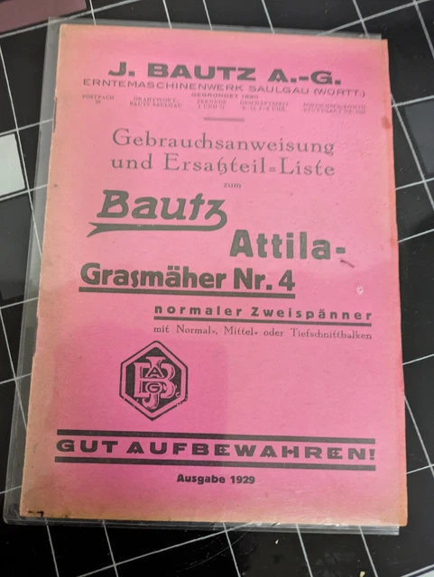 Original Bautz Attila-Grasmäher Nr. 4 Ersatzteilliste Zweispänner 1929 Lanz