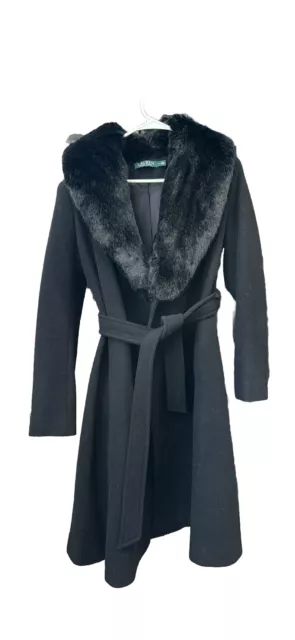 LAUREN Ralph Lauren Womens Black Faux Fur Wool Wrap Coat Size 4