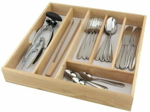 6 Section Cutlery Tray Kitchen Organizer Drawer Tidy Utensil Holder Rubberwood