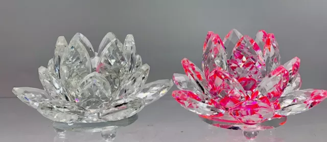 Two Sparkling Crystal Lotus Pink & Clear Flowers Lily Feng Shui Home Decor 3”W.