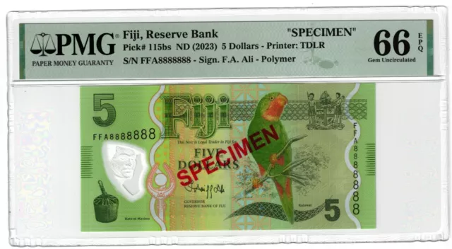 2023 Fiji P115 5 Dollar Banknote UNC Birds Flora Fauna Speimen PMG 66